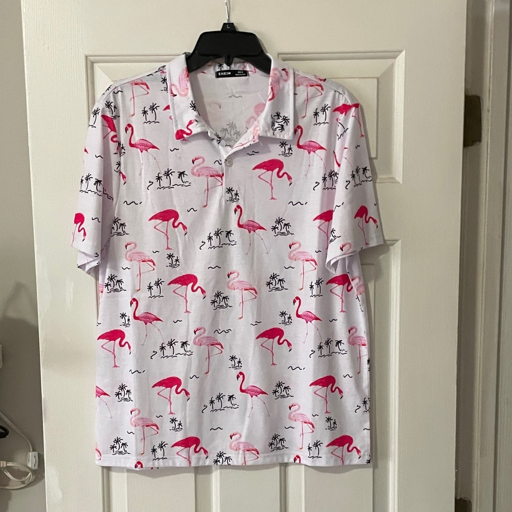 🍭 2/$10 SHEIN Flamingo Print Men's Polo Shirt - Pink and White